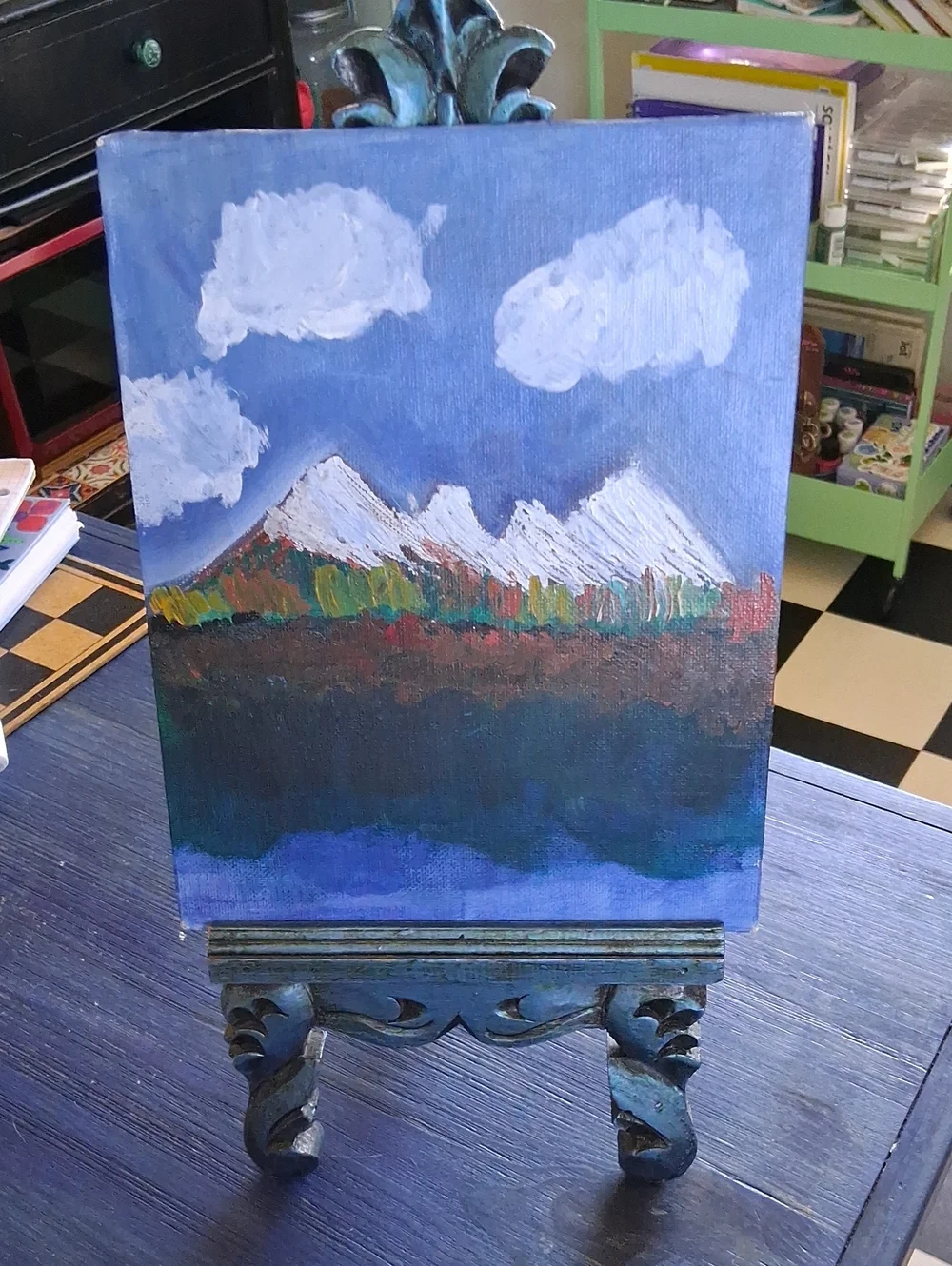 Decorative Carved Wooden Easel in Distressed Blue